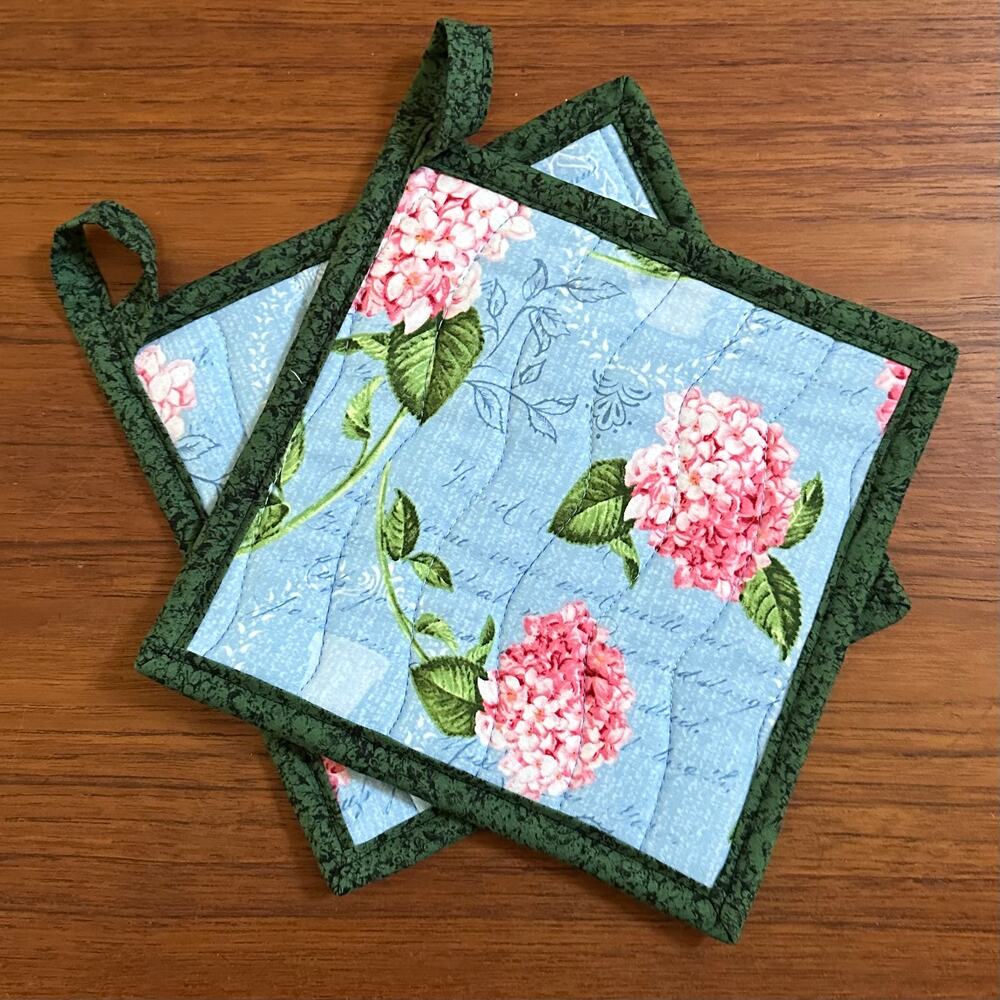 Handmade Pair of Pink & Green Floral Potholders